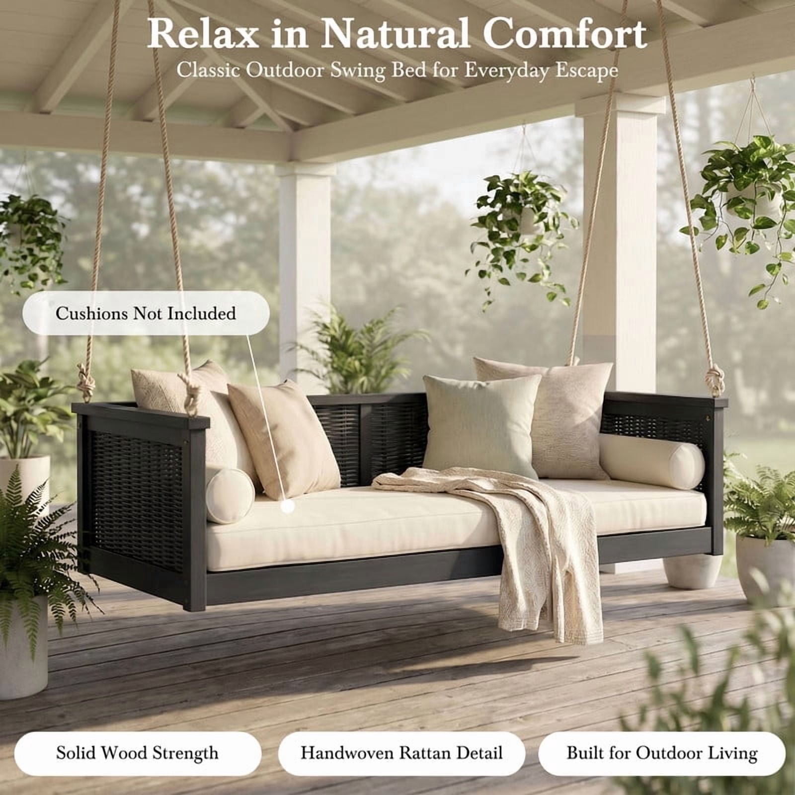 Outdoor Acacia Wood Twin Size 2-Seat Porch Swing Bench, Rattan Hanging Swing Chair Bed with Ropes for Patio, Garden, Backyard