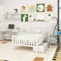Twin Size Wood Platform Bed with Guardrails on Both Sides and Two Storage Drawers ,White