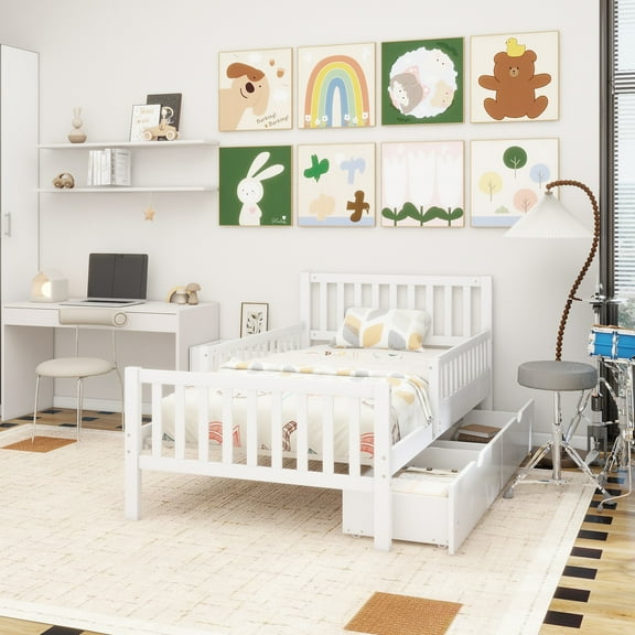 Twin Size Wood Platform Bed with Guardrails on Both Sides and Two Storage Drawers ,White