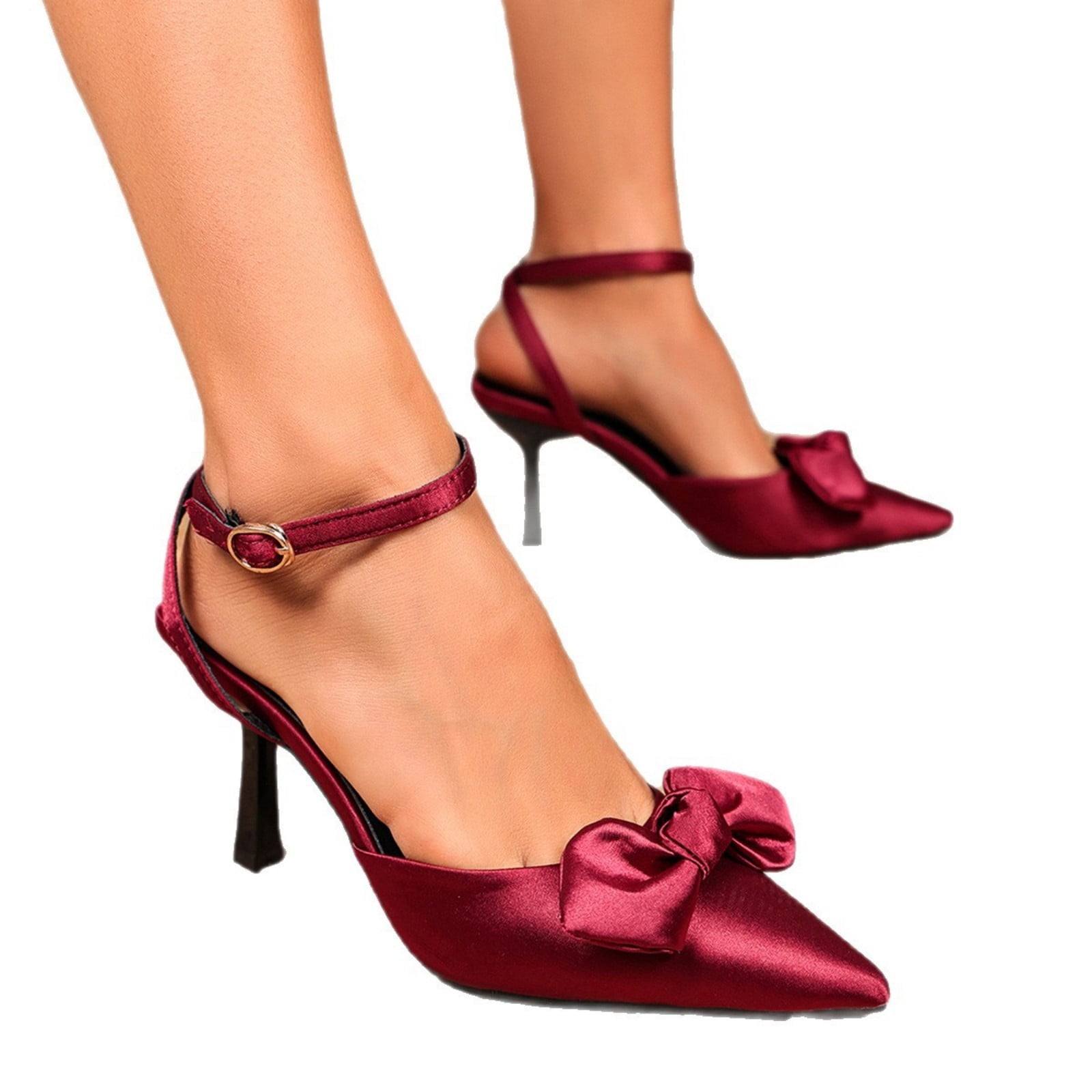 Purcolt Womens Satin Bow Sandals Elegant Trendy Closed Pointed Toe Slim Heel Pumps Comfort Slip On Backless Heels with Buckle Ankle Strap for Evening Party Wedding