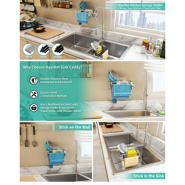 Sponge Holder Movable Kitchen Sink Brush Hanging 304 Stainless Steel 2 in 1