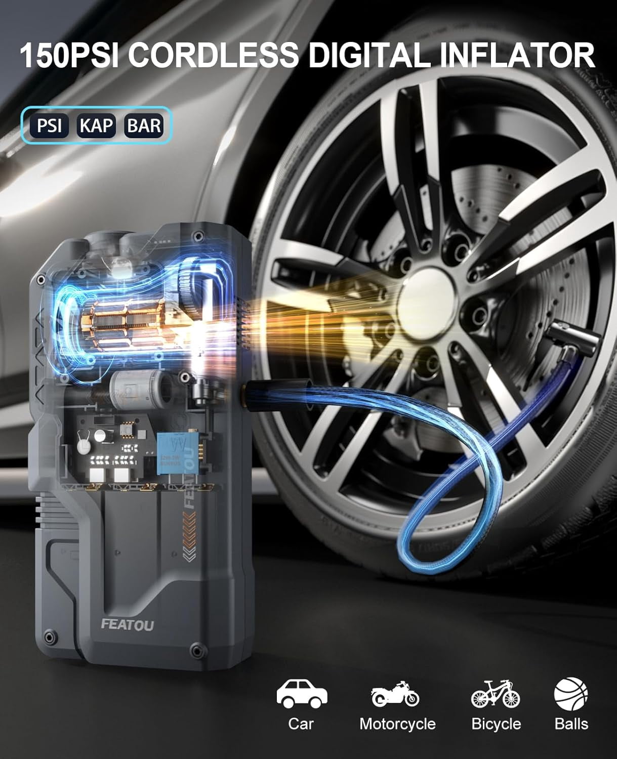 FEATOU V5 Portable Car Jump Starter with Air Compressor, 5000A 12V Battery Booster for 10.0L Gas/9.0L Diesel Engines, LED Light, USB QC 3.0