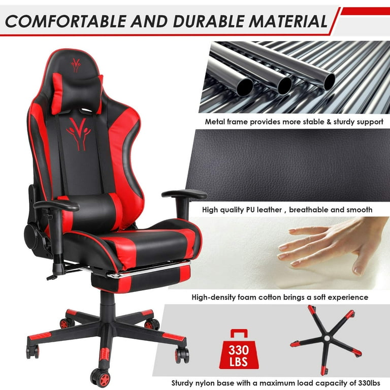 PU Leather Gaming Chair Ergonomic Office Chair with Footrest and Headrest  Lumbar Support, Comfortable Large Size Adjustable Reclining Computer Desk  Chair Swivel Chair with High Back (Red) 