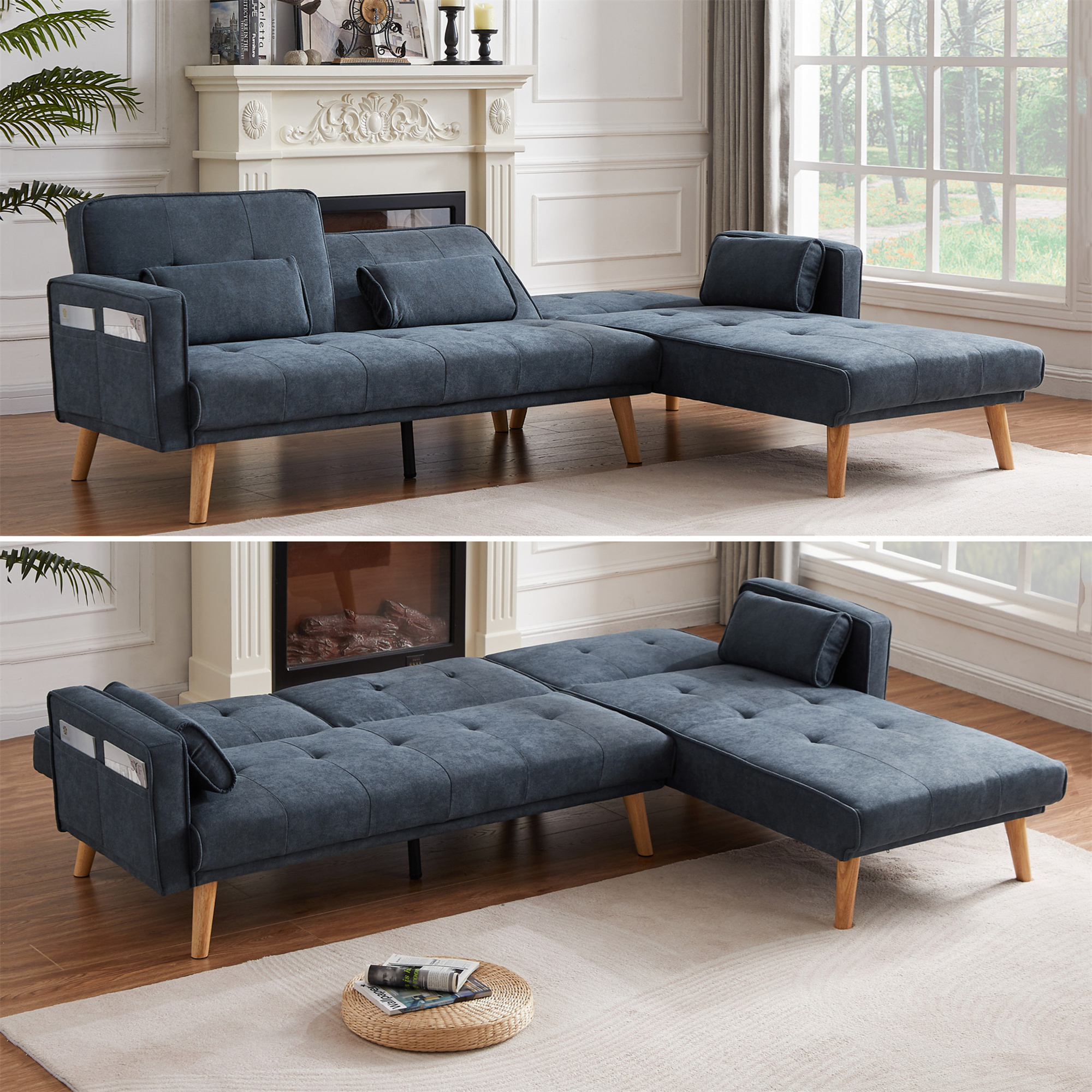 Aukfa 94" Futon Sofa Bed, Convertible Sleeper Sofa for Living Room, Right Facing Chaise, Linen, Gray
