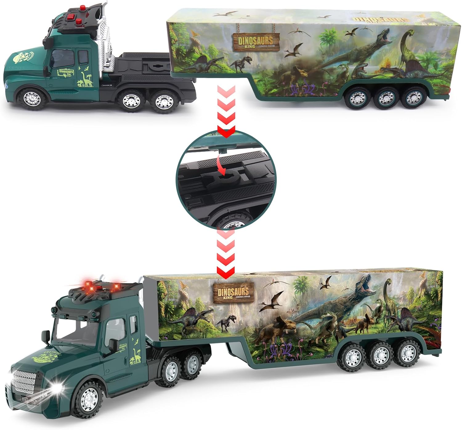 RC Semi Truck with Trailer, 2.4Ghz Dinosaur Container Truck with LED Lights & Music, Carrier Van Transport Vehicle with 2 Rechargeable Batteries Toy Gift for Kids 6+