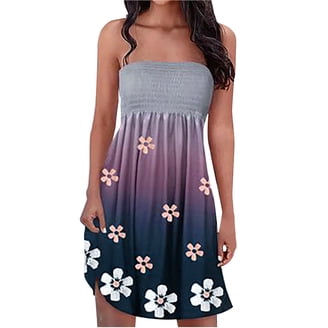 Usmixi Women Flowy Pleated Dress Summer Beach Boho Floral Print Strapless Sundress Sexy Tube Top Swing Hem Mini Dresses Purple XL, Women's, Size: XL