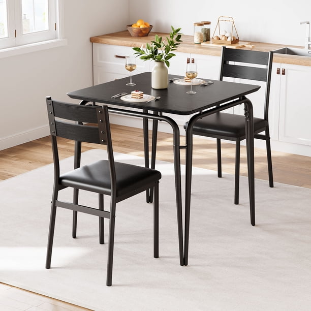 3 - piece kitchen y dining room set para 2 con square wood top y cushioned sillas, ideal para para small - space apartments, negra