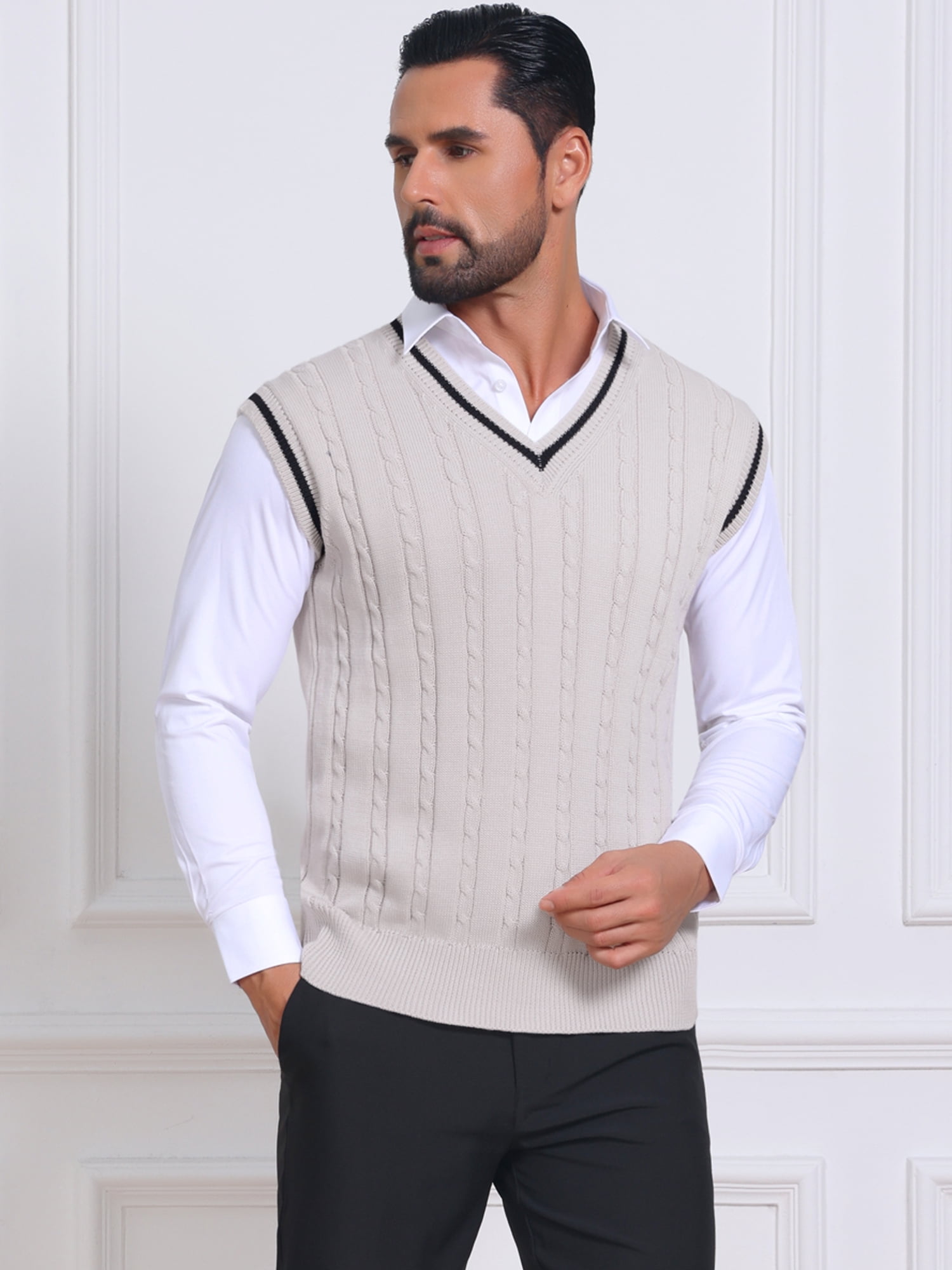 DARING DIVA Men's Solid Color V-Neck Sleeveless Cable Knitted Sweater Vest XL Beige