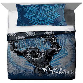 Black Panther King of Wakanda Kids 2-Piece Twin/Full Reversible Comforter and Sham Bedding Set, Microfiber, Black, Marvel