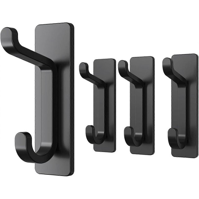 Self Adhesive Hooks, Extra Sticky and Strong, Hanging up to 6KG, Heavy Duty Stick on, No-Nail Hook for Back of Door, Black, 4 Pack