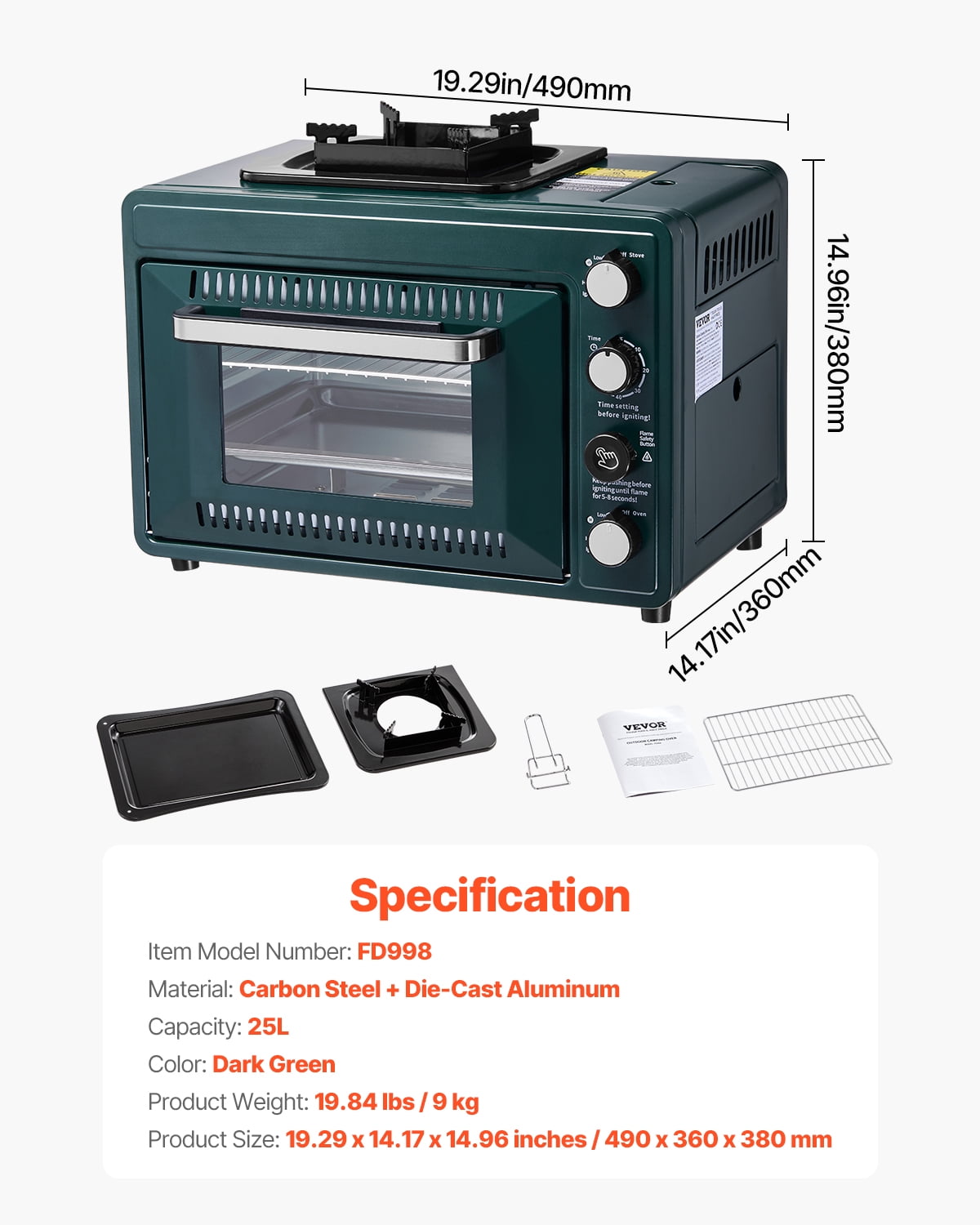 VEVOR Outdoor Oven, 2-in-1 Portable Gas Camping Stove Oven Combo, Adjustable Fire, 60-Minute Timer, Windproof, with Grill Shelf and Roasting Tray, for Camping Gear Backyard Picnic Outdoor Cooking