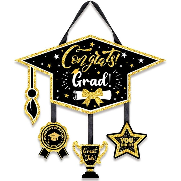 2021 Congrats Grads Door Sign Hanging Wood Graduation Sign Wooden Graduate Porch Sign Graduation Cap Wall Sign Congrats Graduation Yard Sign Decor for Graduation Party Home Classroom, Black and Gold