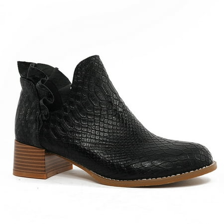 

Women‘s V-Cut Ruffled Ankle Boots Pointed Toe Chunky Heeled Shoes Women‘s Footwear