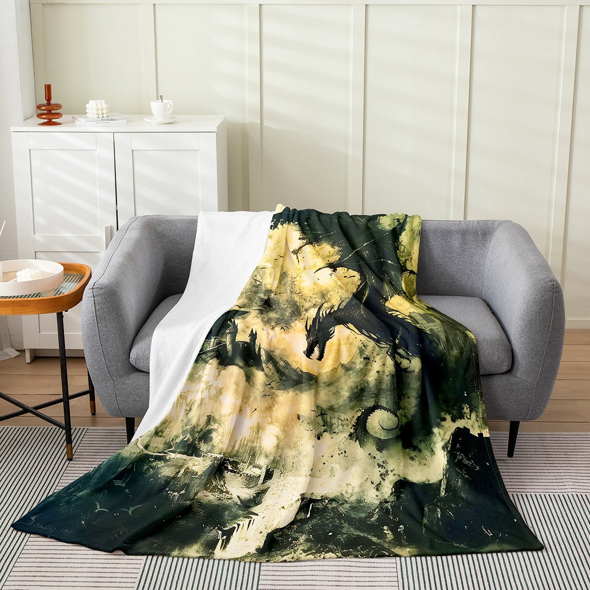 YST Gothic Dragon Flannel Fleece Blanket for Boys Vintage Black Dragon Blanket Fantasy Castle Throw Blanket Dark Sky Mythical Animal Bed Blanket