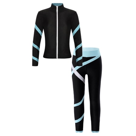 LiiYii Kids Girls Contrast Color Stripe Athletic Tracksuit Zipper Stand Collar Long Sleeve Sweatshirt Light Blue 16