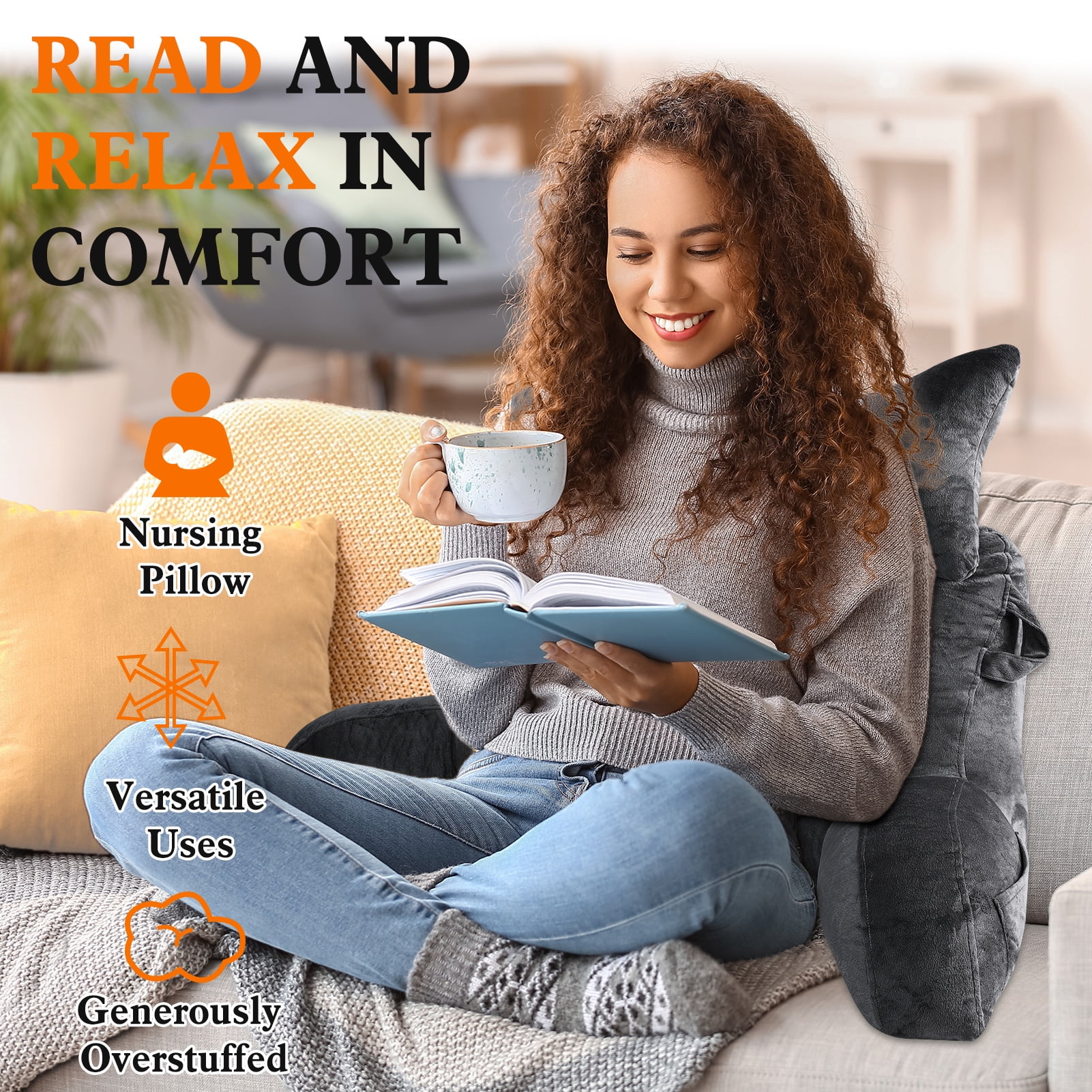 BEIPEGIN Reading Pillow, 23" Backrest Pillow with Arms and Pocket, Bed Rest Pillow with Detachable Neck Roll, Watching TV Bed Rest Reading Gaming Pillow for Adult Kids, Dark Grey