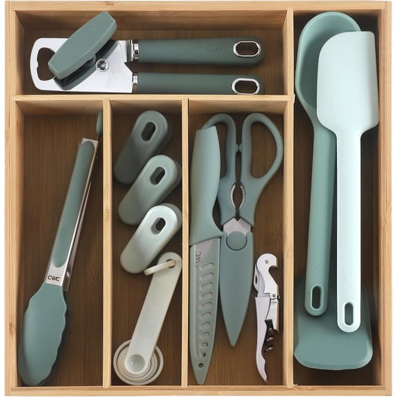 COOK WITH COLOR Kitchen Utensils and Bamboo Drawer Organizer Set, Cooking Utensils, Sage, 18-Piece Set