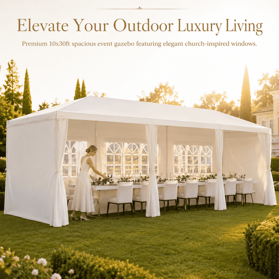 PE 10x30 Outdoor Party Tent with Sidewalls, White Wedding Canopy