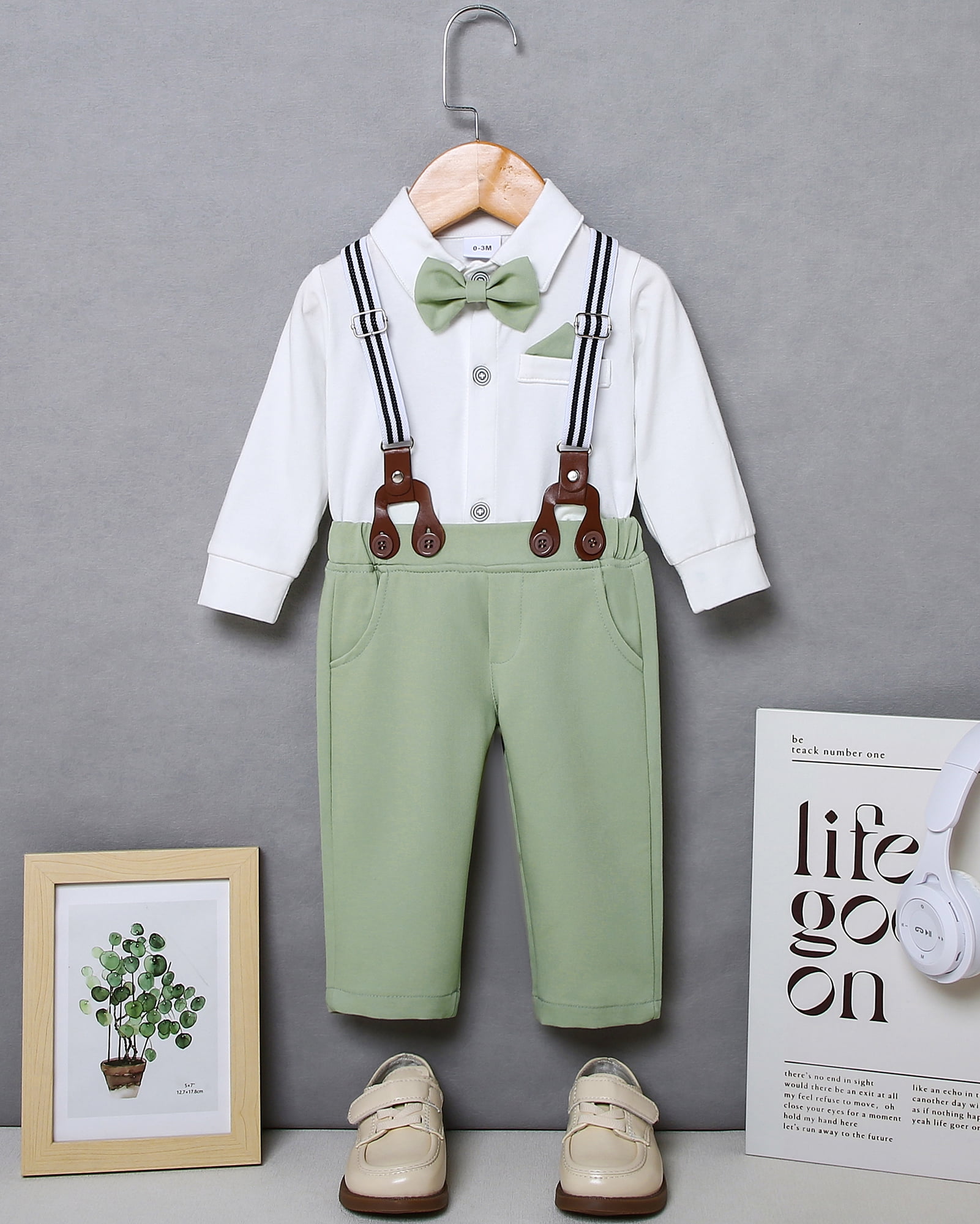 SANMIOI Infant Baby Boy Clothes 0-24 Months Gentleman's Suit Outfit Formal Shirt Suspender Pants Hat Bowtie 4pcs