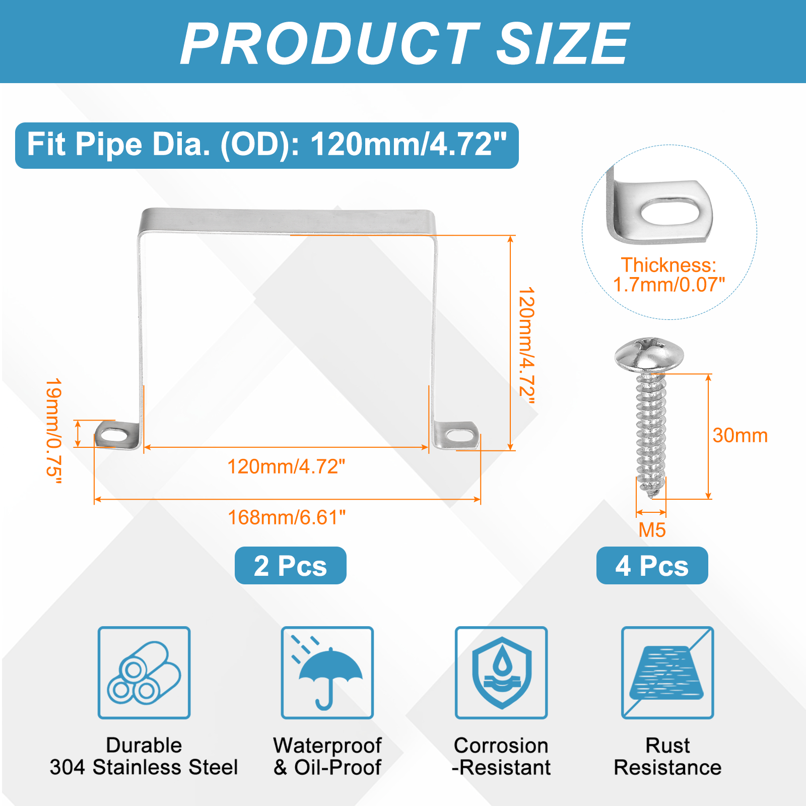 Uxcell 2pcs 4.7" x 4.7" Square Pipe Clamp, 304 Stainless Steel U Shaped Connector Bracket Heavy Duty Tube Strap Buckle with Self-Tapping Screws for Tube Installation