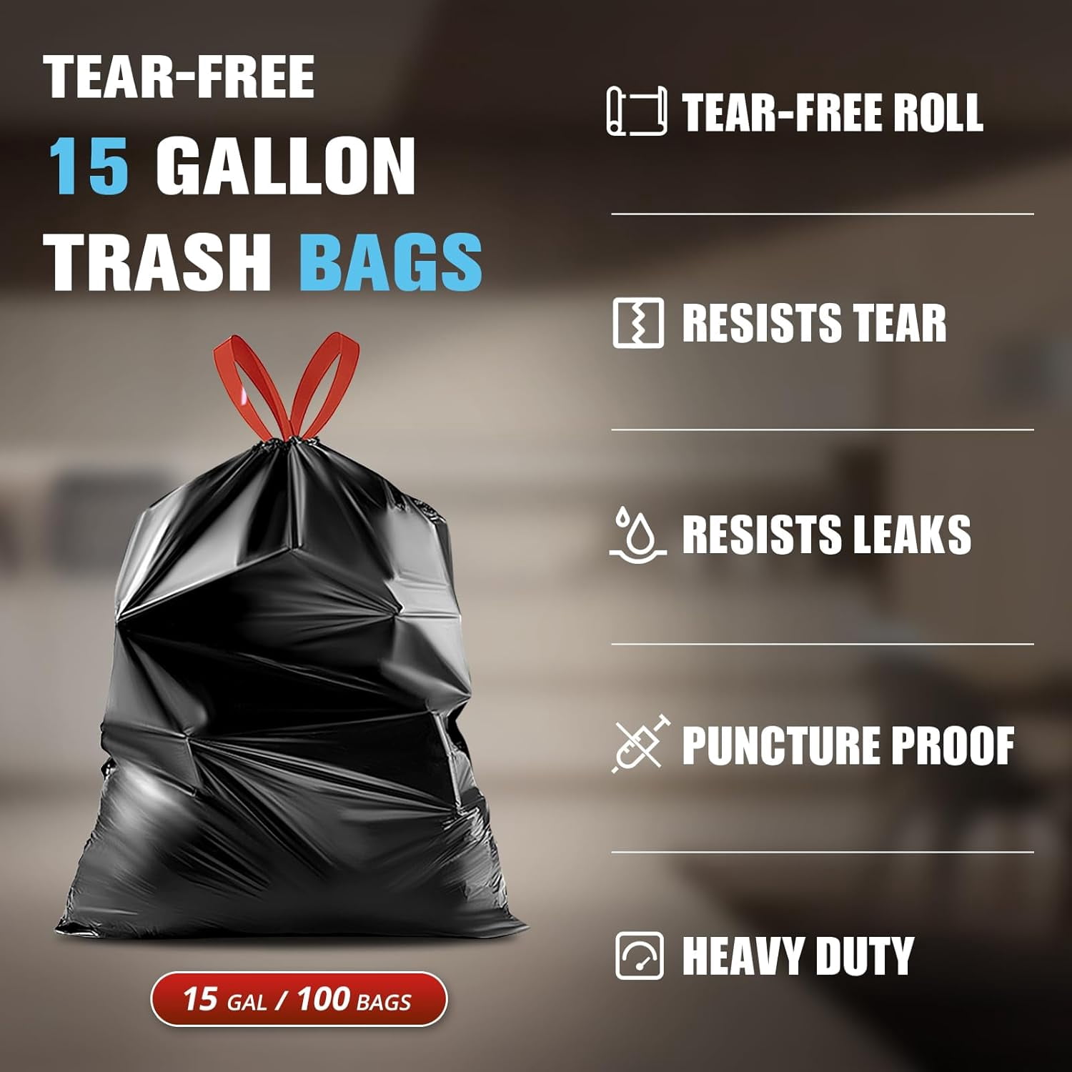 Pre-Separated Drawstring Trash Bags for 15 Gallon Trash Cans, 100 Count, Ultra Strong Black Tall Kitchen Garbage Bags, Tear-Free Large Trash Liners for Lawn & Yard