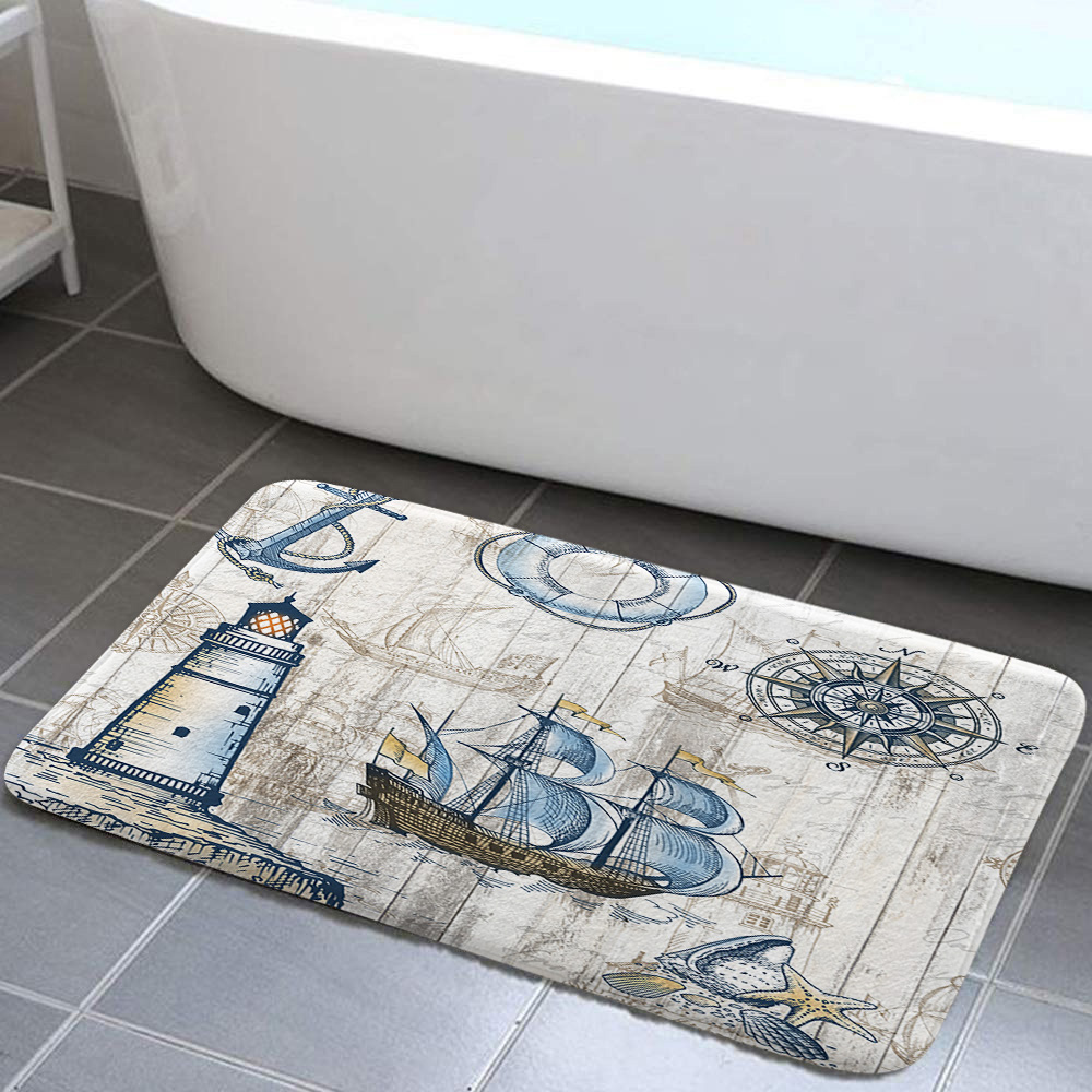 Nautical Anchor Bathroom Rugs, Navy Blue Vintage Ocean Coastal Beach