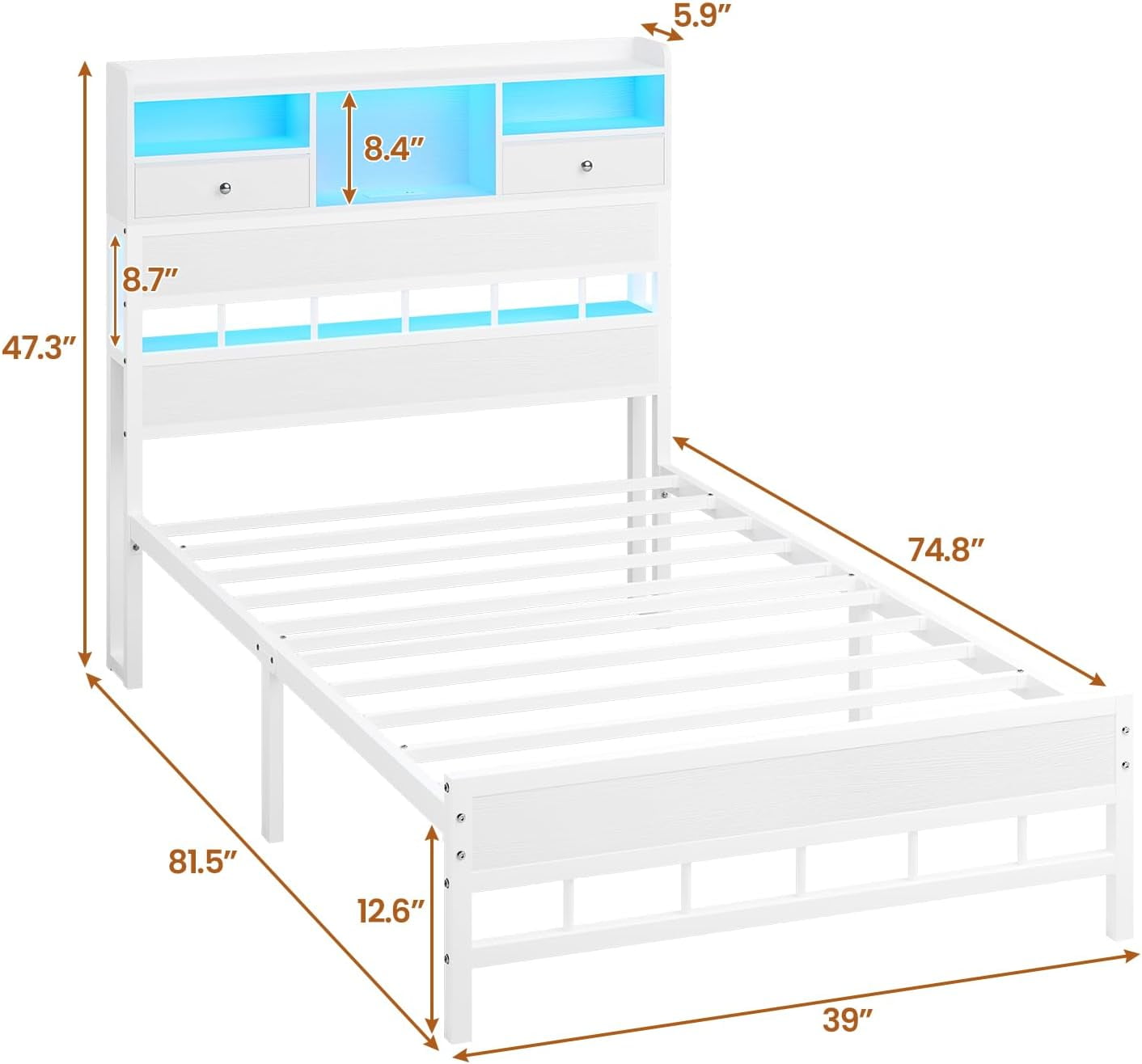 Afuhokles Twin Size Platform Bed Frame with Storage Headboard and Charging Station, White
