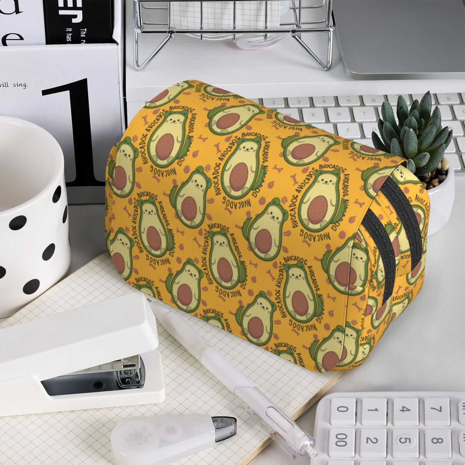 Rateoe Avocado Dog Pattern Double Clamshell Pen Case, Storage Organizer with Two Zipper Compartments– Holds Up to 50 Pencils & Pens