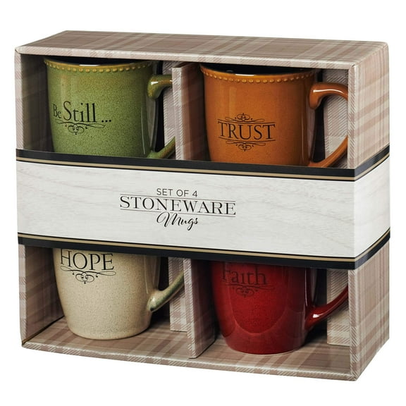 Set of Four Rustic Stoneware Coffee/Tea Mugs w/Bible Verses Sage Green, Ivory, Paprika Red, Pumpkin Orange  Inspirational Coffee/Tea Cup for Men and Women