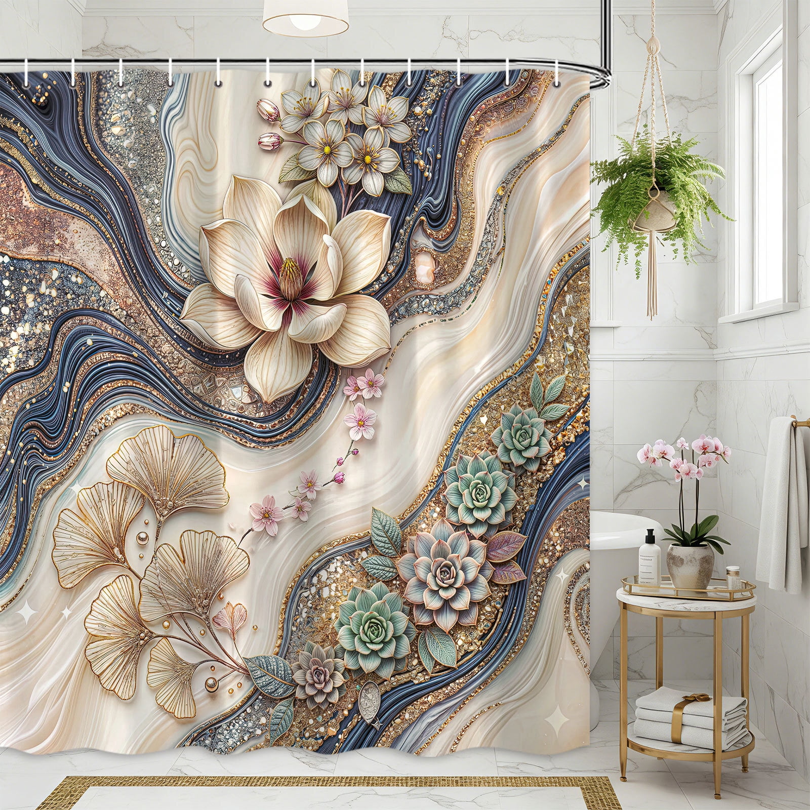 Gray White Luxury Gold Marble Floral Shower Curtain, Elegant Magnolia Ginkgo Succulent Bathroom Decor, Modern Abstract Geode Bath Curtain, Waterproof Polyester Fabric with Hooks,70X75in