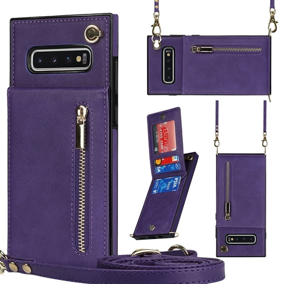 Crossbody Wallet Case for Samsung Galaxy S10 with Card Holders RFID Shockproof Cover, Back Magnetic Flip Kickstand Zipper Slot Case, PU Leather Cover Handbag Shoulder Strap Phone Case,Purple