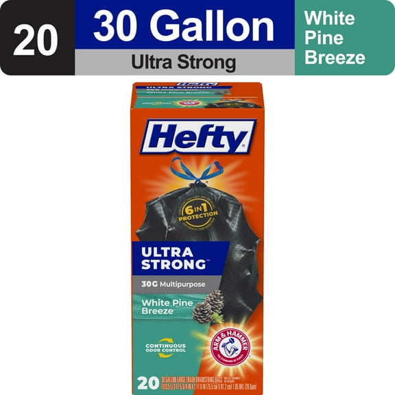 Hefty Ultra Strong 30 gallon Trash Bags, Black Large Trash Bags, White Pine Breeze Scent, 20 Bags