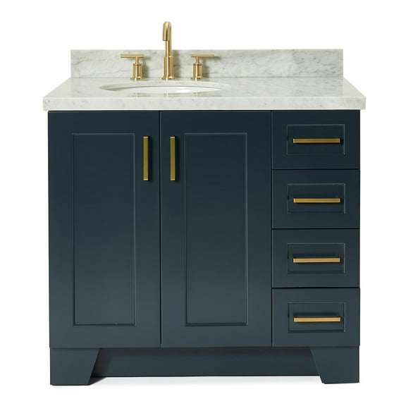 Ariel Taylor 37 In. Left Offset Oval Sink Vanity With Carrara White Marble Countertop In Midnight Blue