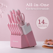 Astercook Knife Set, 14 Pieces Kitchen Knives Set with Block & Built-in Sharpener, German Stainless Steel Knives with Ergonomic Handles, Sharp & Rust Resistant Dishwasher Safe Pink