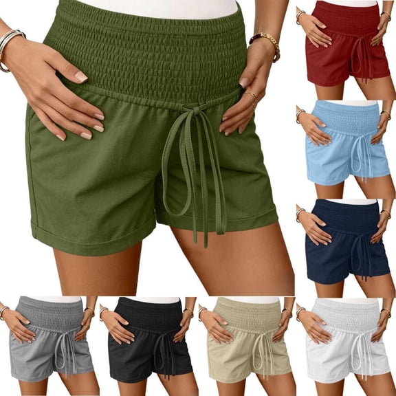 Bxsruta Maternity Cotton Shorts High Waist Smocked Waistband with Pockets Drawstring Summer Casual Shorts