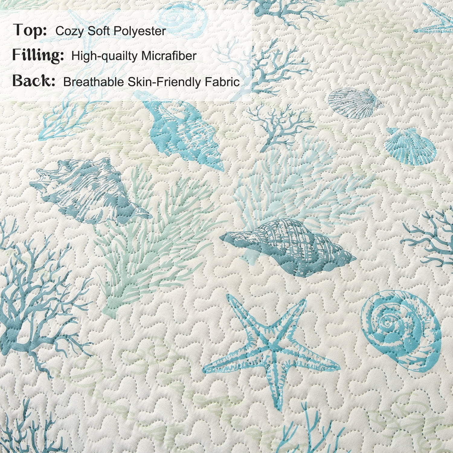 Kebury Ocean Beach Theme Quilts Bedding Set King Size Lightweight Patchwork Coastal Bedding Green Grass Coverlets Conch Seashell Starfish Seaweed Bedspreads (1 Quilt, 2 Pillow Shams)