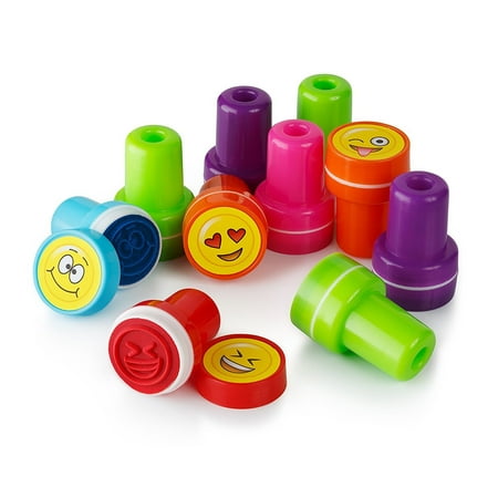 Pre Inked Stamper - Moore Art 26 Piece Self Inking Emoji Plastic Stampers with Multi Color Bright Smiley Emoji Ink Stamps, DIY Craft for Children, Party Gifts.