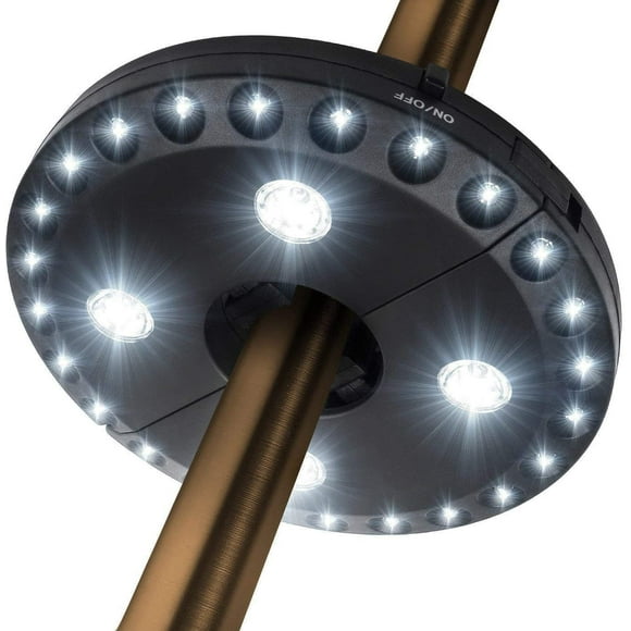 Parapluie de Patio 3 Modes de Luminosité Sans Fil 28 Lumières LED à 200 lumens-4 x AA à Piles, Lumière de Poteau Parapluie pour Parasols de Patio, Tentes de Camping Ou Utilisation Intérieure