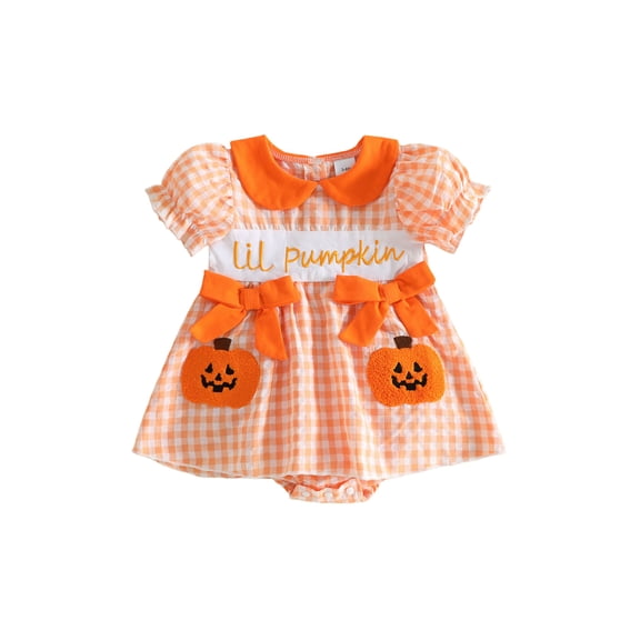 Cenuakty Girl Halloween Romper Letter Pumpkin Embroidery Short Sleeve Bodysuits