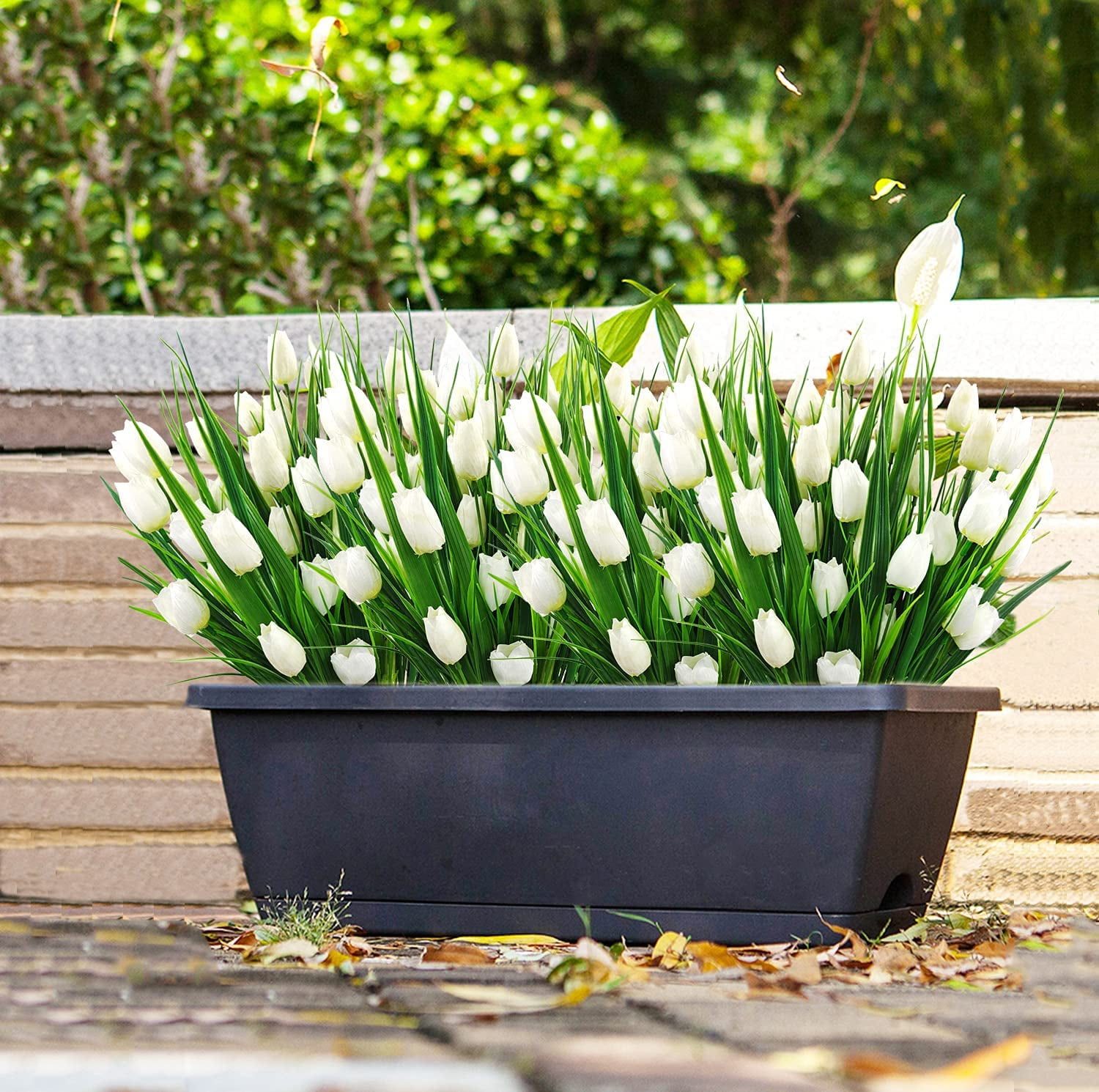 Outdoor Artificial Tulips Fake Flowers UV Resistant Faux Plastic Greenery Shrubs Plants for Home Outside Garden Porch Window Farmhouse Decor (White)