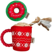2Pack Christmas Dog Plush Squeaky Toy with Rope for Dog Cute Coffee Cup & Donut