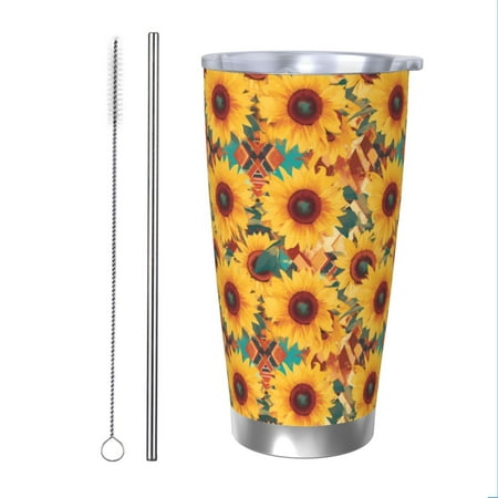 

KLL Colorful Bohemian Sunflower Print 40oz Stainless Steel Insulated Car Cup with Spillproof Lid - Keep Your Drink Hot or Cold on the Go-Straw Two-piece Set