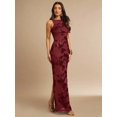 thumbnail image 5 of Burgundy 3D Floral Embroidered Sleeveless High Neck Fitted Maxi Dress, 5 of 7