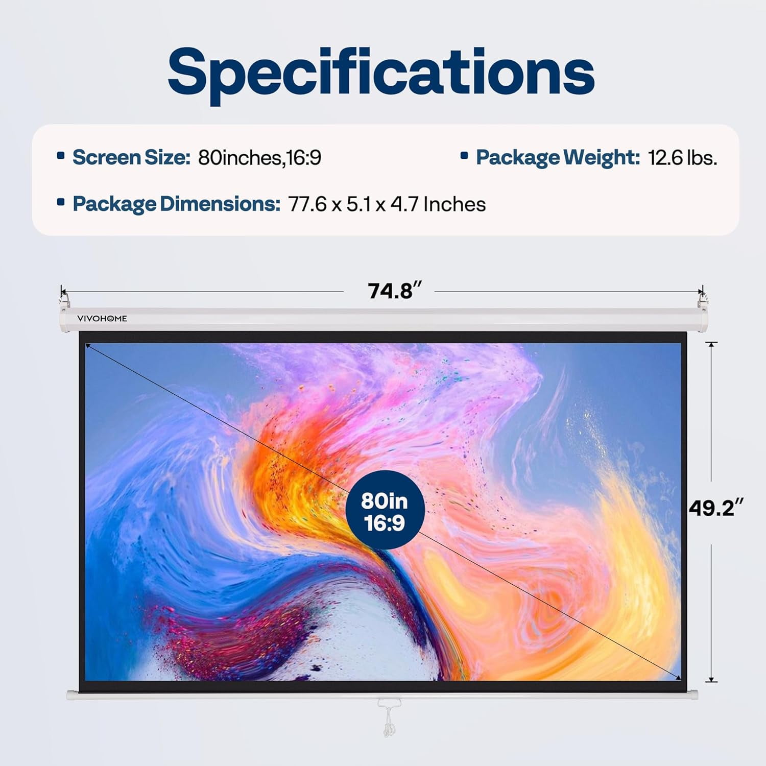 SPECSTAR 80 inch Manual Pull Down Projector Screen, 16:9 HD Retractable Projector Screens for Movie Home Theater Cinema Office Video Game, White