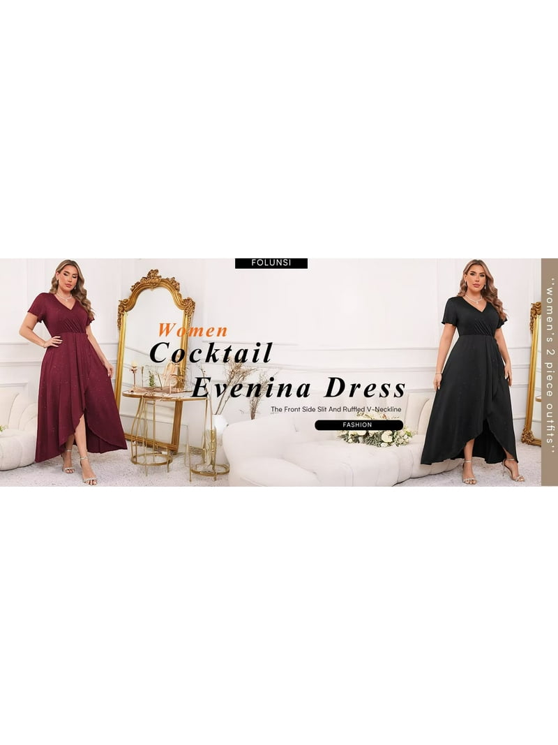 FOLUNSI Plus Size Formal Dresses Glitter V Neck Split Wedding Cocktail Long Evening  Dress Ruby Red 3XL - Walmart.com