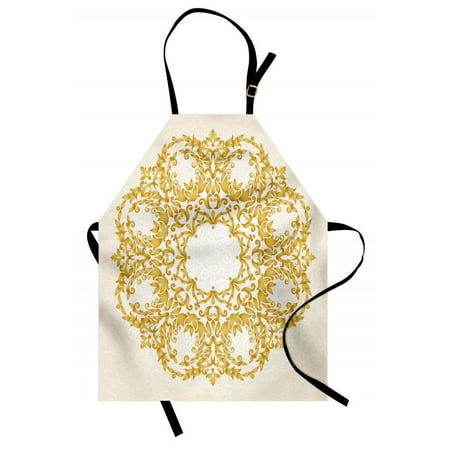 Victorian Apron Traditional Gold Floral Round Circle with Baroque Elements Turkish Ottoman Style Art, Unisex Kitchen Bib Apron with Adjustable Neck for Cooking Baking Gardening, Cream, by