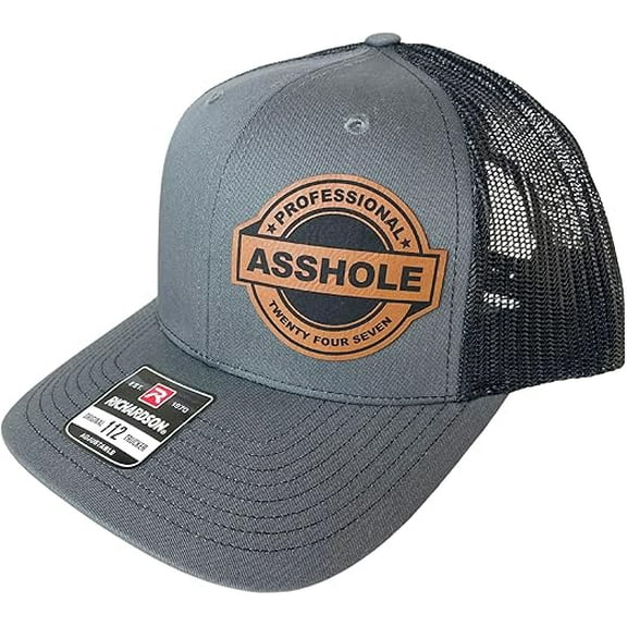 Professional Ahole Funny Trucker hat, Vegan Leather Patch, Richardson 112 hat, Laser Engraved hat (Cotton Blend, Charcoal/Black)