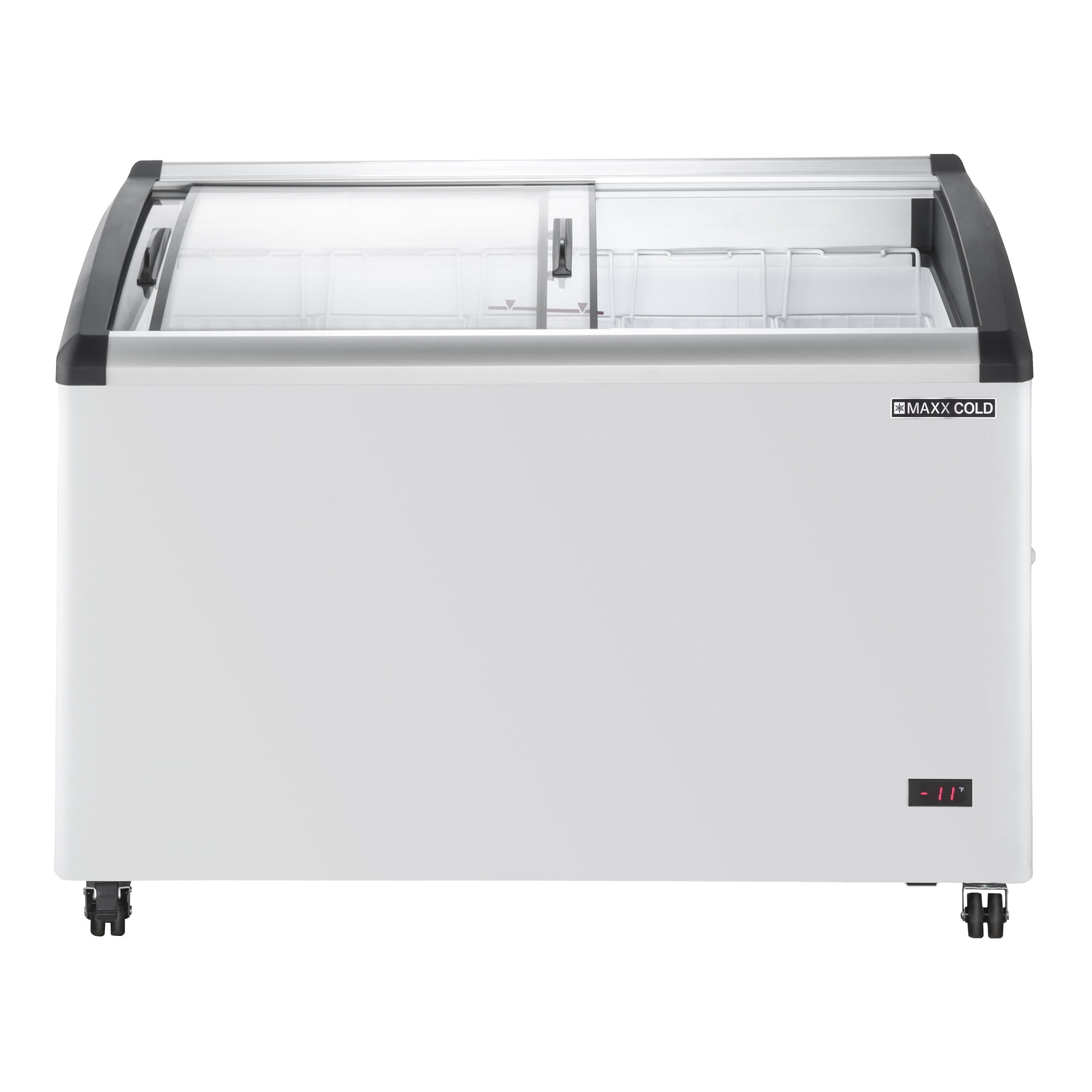 Maxx Cold Curved Glass Top Chest Freezer Display, 47.4"W, 8.62 cu. ft. Storage Capacity, Equipped with (5) Wire Baskets, in White (MXF48CHC-5)