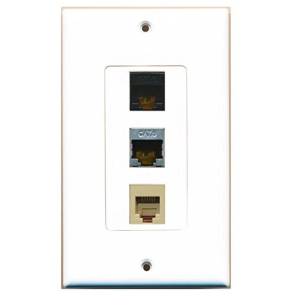 RiteAV - 1 Port Phone RJ11 RJ12 Beige and 1 Port Shielded Cat6 Ethernet and 1 Port Cat6 Ethernet Black Decorative Wall Plate Decorative