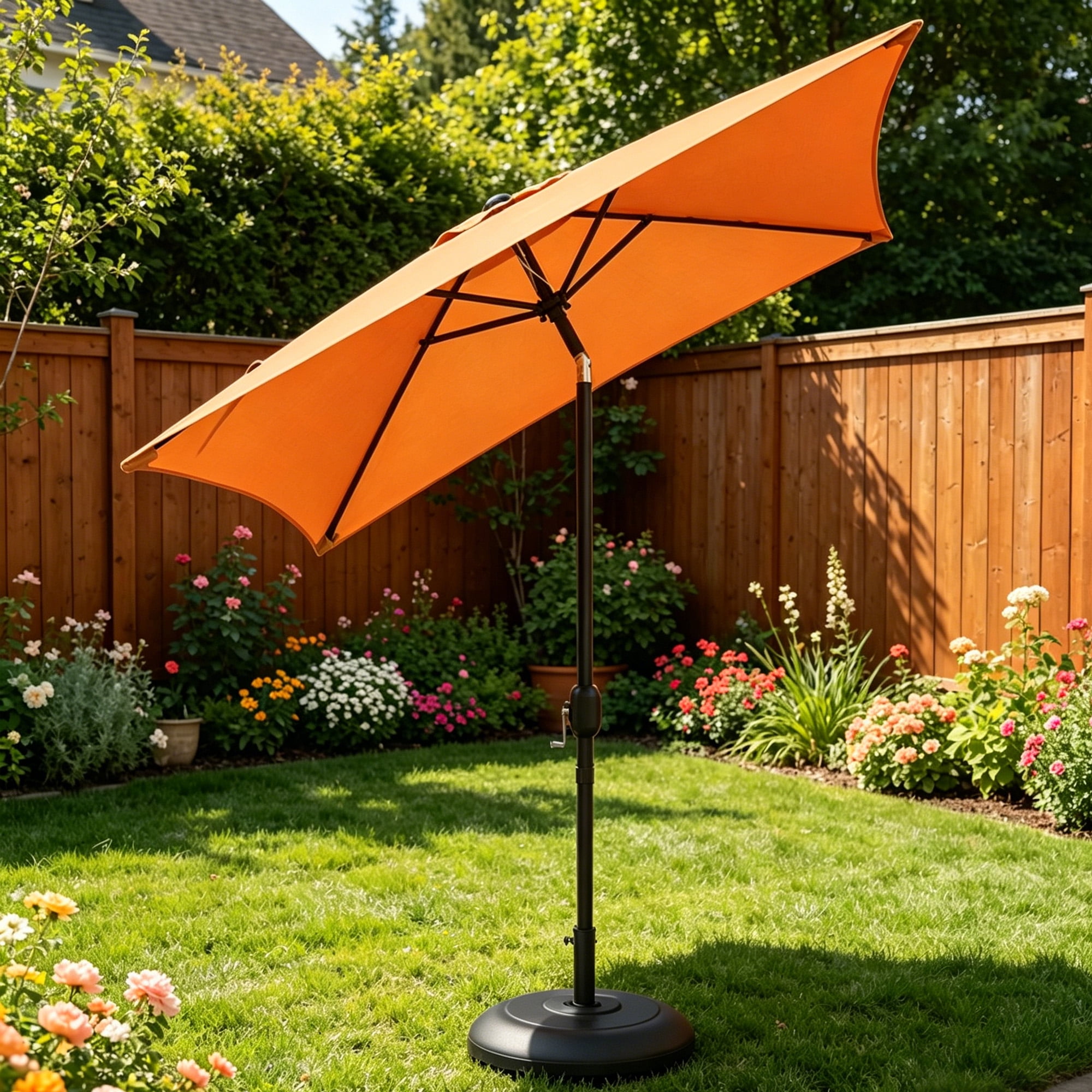 Kool 6.5 ft Square Outdoor Patio Market Umbrella with Push Button Tilt and Crank Handle, Orange